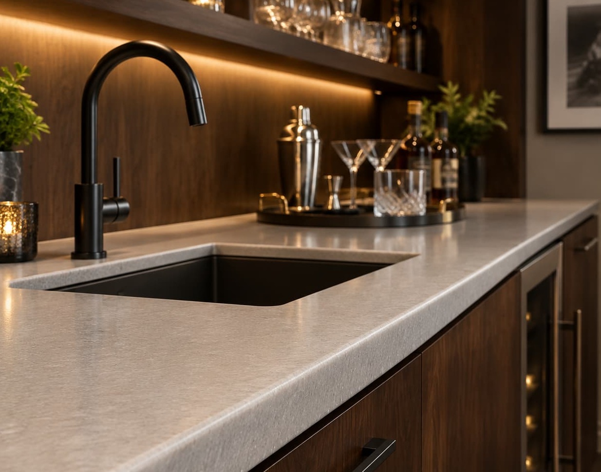 Seamless Home Wet Bar Countertop with Basin