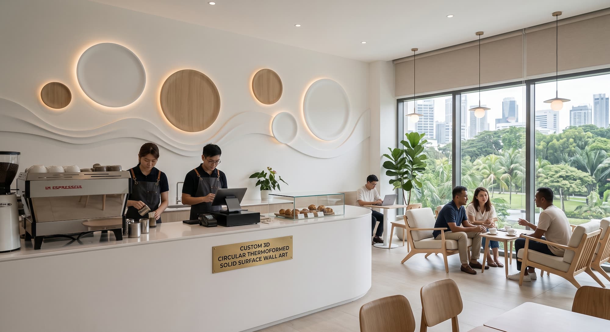 Commercial cafe 3D circular solid surface feature wall installation Commercial cafe 3D circular solid surface feature wall installation