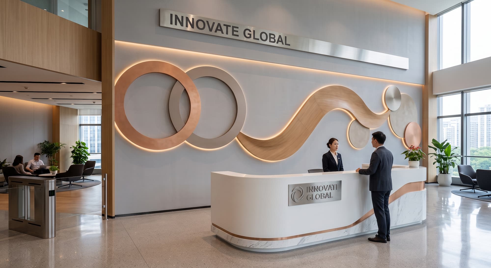 Custom 3D Circular Solid Surface Wall Art installed in modern interior Custom 3D Circular Solid Surface Wall Art installed in modern interior