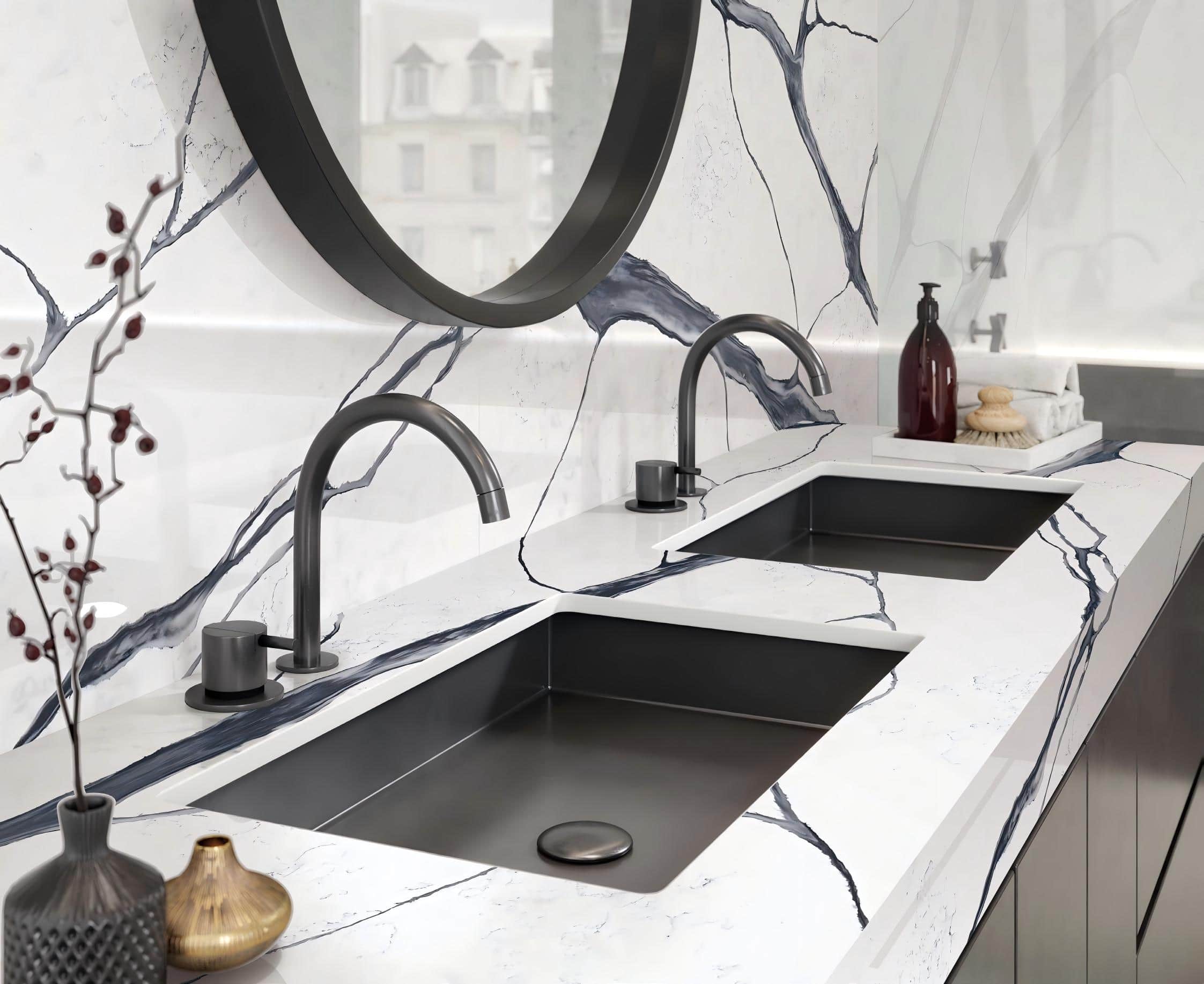 Luxury Calacatta Quartz Double Vanity Top with Inset Black Sinks Luxury Calacatta Quartz Double Vanity Top with Inset Black Sinks