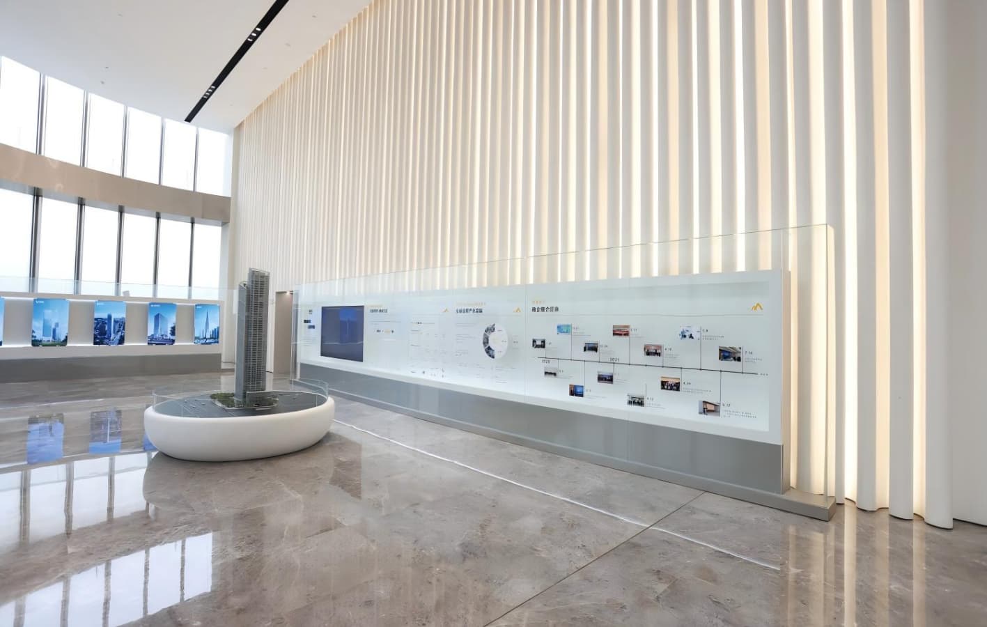 Custom thermoformed curved acrylic solid surface reception desk in modern corporate lobby